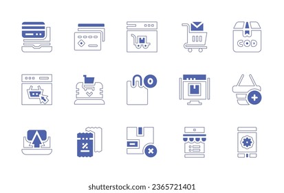 Ecommerce icon set. Duotone style line stroke and bold. Vector illustration. Containing buy, discount voucher, delivery box, online shop, online store, ecommerce, empty cart, cash on delivery.