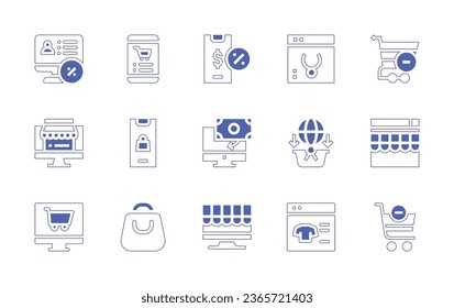 Ecommerce icon set. Duotone style line stroke and bold. Vector illustration. Containing online shopping, smartphone, online shop, payment, cart, shopping, jewelry, add to basket, shopping bag.