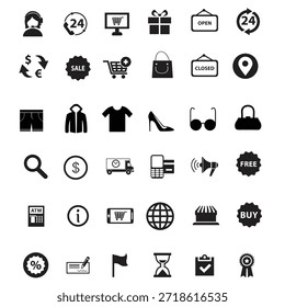 E-Commerce icon set with editable. Professional ecommerce and online shopping icon set. Flat glyph symbols for retail, cart, payment, and delivery. Clean vector assets for web store design and mobile shopping apps