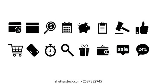 E-Commerce icon set with editable stroke. Containing a shopping cart, sale tag, bag, credit cards, search, basket, and quality icon.