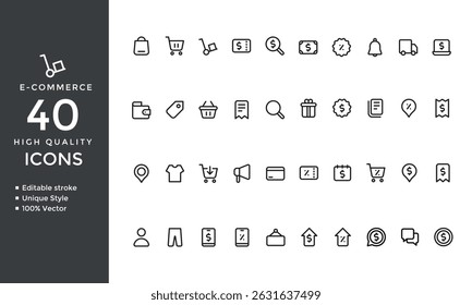 E-Commerce Icon Set – Editable Stroke, Online Shopping Thin Line Icons Collection (Vector Illustration)