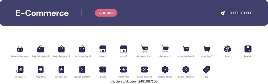 E-Commerce icon set. Essential UI Icons Set in Filled Style. The set consists of essential and commonly-used icons that every UI designer needs.