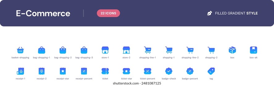 E-Commerce icon set. Essential UI Icons Set in Filled Gradient Style. The set consists of essential and commonly-used icons that every UI designer needs.