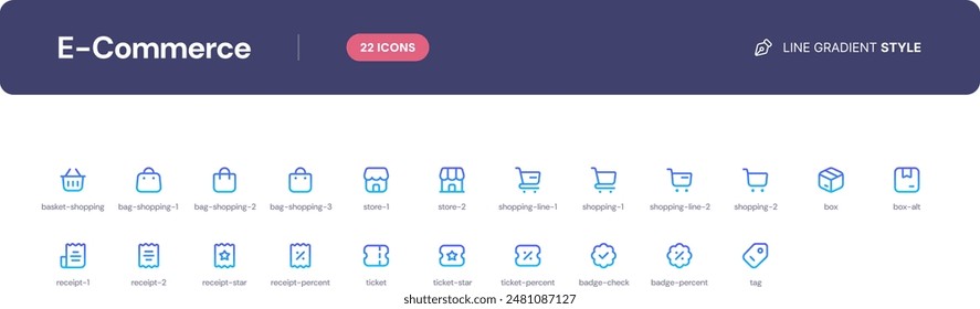 E-Commerce icon set. Essential UI Icons Set in Line Gradient Style. The set consists of essential and commonly-used icons that every UI designer needs.