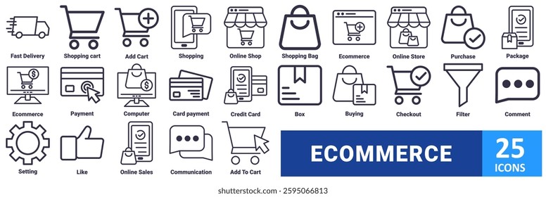 Ecommerce icon set. with icon fast delivery, shopping cart, add cart, shopping, online shop, shopping bag, ecommerce, online store, purchase, package, ecommerce, payment, computer, card payment