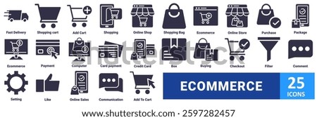 Ecommerce icon set. with icon fast delivery, shopping cart, add cart, shopping, online shop, shopping bag, ecommerce, online store, purchase, package, ecommerce, payment, computer, card
