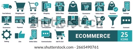 Ecommerce icon set. with icon fast delivery, shopping cart, add cart, shopping, online shop, shopping bag, ecommerce, online store, purchase, package, ecommerce, payment, computer, card