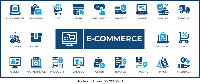 E-commerce Icon Set. Features editable icons for e-commerce, online shopping, retail, store, cart, checkout, payment, and more. Perfect for online stores, e-commerce platforms, and retail businesses.