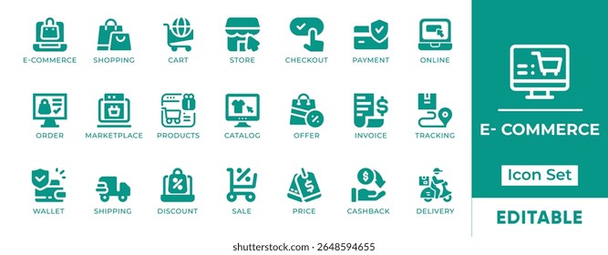 E-commerce Icon Set. Features icons of shopping carts, online payments, delivery, store, mobile commerce, and checkout. Perfect for websites, apps, and digital stores.
