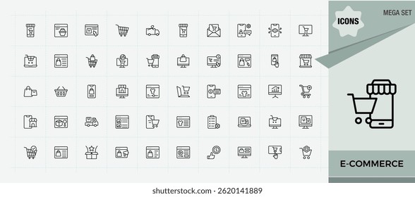 E-Commerce icon set. Featuring business, shop, ad, sale, commerce, promotion and more. Online Sales linear icon set. Simple line vector icons. Signs for web and mobile app.
