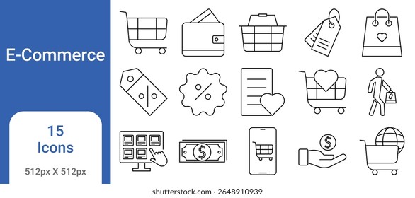E-commerce icon set featuring online shopping, payment, cart, delivery, sale, and transaction symbols. Ideal for websites, apps, dashboards, and digital storefronts.
