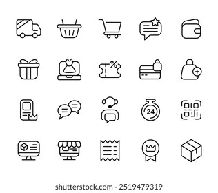 E-Commerce Icon Set Featuring Shopping and Delivery Symbols, E-Commerce Line Icon Set