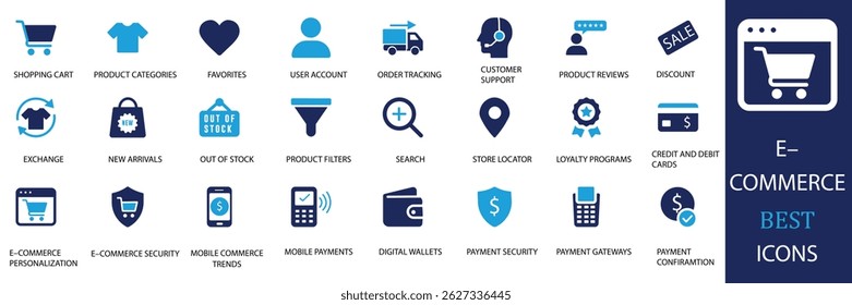Conjunto de ícones de comércio eletrônico. Apresentando símbolos de compras, pagamento, entrega, carrinho e mercado. Ideal para web design, marketing, negócios, publicidade e projetos digitais.