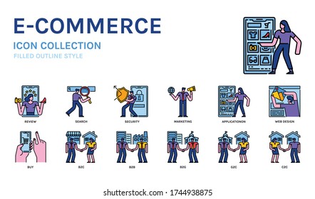 E-commerce icon set, filled outline style. For applications, website, infographic, ads, etc.