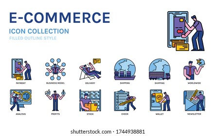 E-commerce icon set, filled outline style. For applications, website, infographic, ads, etc.
