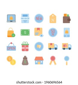 E-Commerce icon set with flat style, truck, delivery, dislike, like, money bag, exchage, money, dollar, open, gift