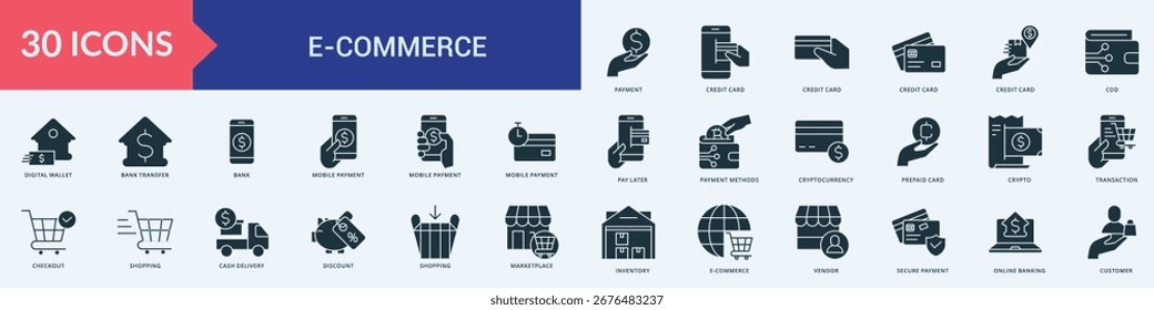 Vetor de ilustração de glifo de conjunto de ícones de comércio eletrônico