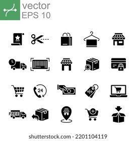 Ecommerce Icon Set Glyph icon, solid style online shopping, Bag, shop Add cart trolley, fast shipping truck logistic Hanger towel Editable stroke Vector illustration design on white background EPS 10