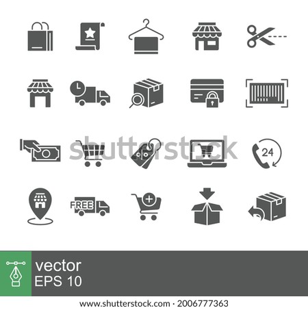 Ecommerce Icon Set Glyph icon, solid style online shopping, Bag, shop Add cart trolley, fast shipping truck logistic Hanger towel Editable stroke Vector illustration design on white background EPS 10