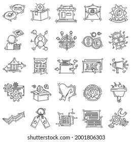 E-commerce icon set. hand drawn icon set, outline black, doodle icon, vector icon design.