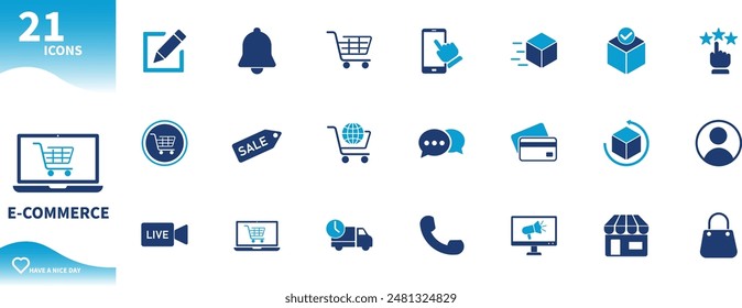 Icono de comercio electrónico. Conjunto de iconos para Carrito de compras, compras, tienda, entrega, ordenador,...