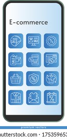 e-commerce icon set. included calendar, newsletter, online shop, shopping bag, sale, shirt, discount, warranty, shopping basket icons on phone design background . linear styles.