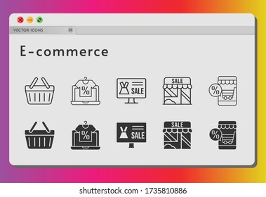 e-commerce icon set. included online shop, shop, shopping-basket, shopping basket icons on white background. linear, filled styles.