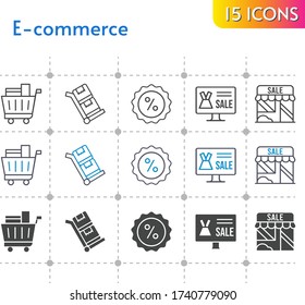 conjunto de iconos de comercio electrónico. tienda online, tienda, carrito de la compra, descuento, íconos del carro sobre fondo blanco. estilos lineales, bicolores, rellenos.