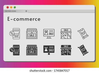 Symbol für den elektronischen Geschäftsverkehr im Online-Shop, Shop, Trolley Icons auf weißem Hintergrund. lineare, ausgefüllte Stile.