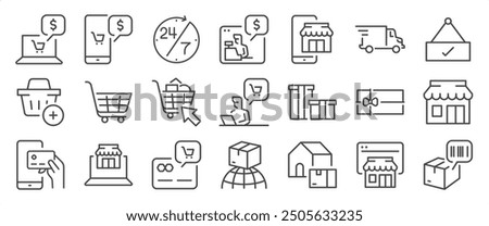 E-commerce icon set. It included store, online shopping, shop, buy, sell, shipping, and more icons. Editable Vector Stroke.