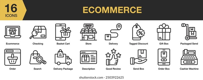 E-Commerce icon set. Includes basket cart, delivery, good review, order, store, and More. Outline icons vector collection.