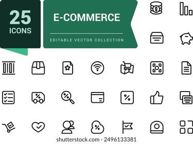 E-Commerce icon set in line style. Minimal Online shopping icons for web and mobile app. Business, mobile shop, gifts, sale, delivery. Vector illustration.