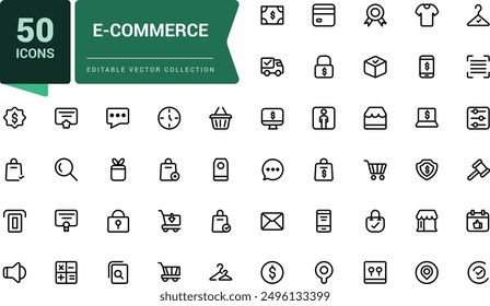 Conjunto de iconos de comercio electrónico en estilo de línea. Iconos de compras en línea mínimos para el Web y el App móvil. Negocio, tienda móvil, regalos, venta, entrega. Ilustración vectorial.