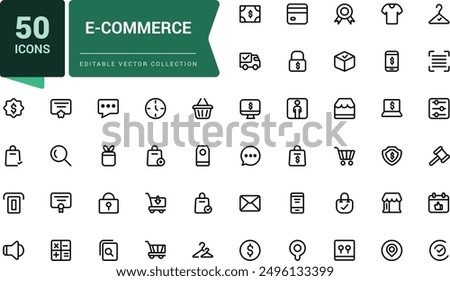 E-Commerce icon set in line style. Minimal Online shopping icons for web and mobile app. Business, mobile shop, gifts, sale, delivery. Vector illustration.