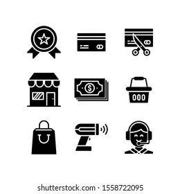 Ecommerce icon set = Medal, Debit or Credit Card, Cut Card, Market Place, Money, Basket Bag, Shopping Bag,  Product Scanner and Customer Service