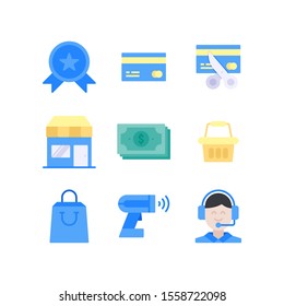 Ecommerce icon set = Medal, Debit or Credit Card, Cut Card, Market Place, Money, Basket Bag, Shopping Bag,  Product Scanner and Customer Service