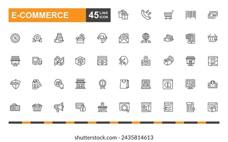 E-Commerce-Symbolsatz. Mobil, Shop, Geld, Internet, Web und mehr Linie Icon. Die beliebtesten E-Commerce-Symbole.