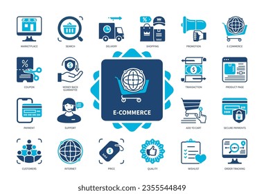 Conjunto de iconos de Ecommerce. Garantía de devolución de dinero, transacción, entrega, promoción, pagos seguros, precio, compras, mercado. Iconos sólidos de color Duotone