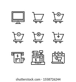 Ecommerce icon set = Monitor, Trolley, Add Trolley, Delete Trolley, Cancel, Download Trolley, Invoice, Bill Box and Calendar Shopping