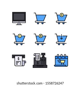 Ecommerce icon set = Monitor, Trolley, Add Trolley, Delete Trolley, Cancel, Download Trolley, Invoice, Bill Box and Calendar Shopping