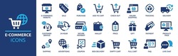E-Commerce-Symbol-Set. Online-Shopping Und Lieferelemente. E-Business-Symbol. Solide Symbole, Vektorgrafik.