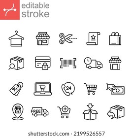 Conjunto de iconos de Ecommerce. compra en línea, Bolsa, Carro adicional, camioneta de envío rápido logística de camión de carga Toalla de percha Estilo del icono Línea editable Estilo del contorno de la ilustración del vector Diseño del fondo blanco EPS 10