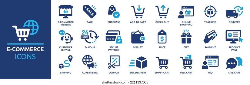 E-commerce icon set. Online shopping and delivery elements. E-business symbol. Solid icons vector collection.