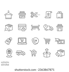 Ecommerce Icon Set. online shopping, Bag, Add cart trolley, fast shipping truck logistic Hanger towel Editable stroke Line icon outline style Vector illustration design on white background EPS 10