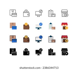 E-commerce icon set. Online shopping, business, payment, wallet, transaction, computer, shopping list, online shop favorite, icons