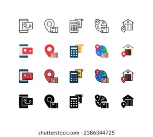 E-commerce icon set. Online shopping, business, tracking app, tracking delivery, location, calculator, world wide shipping, shipping location, icons