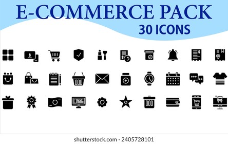 E-Commerce-Symbol-Set. Online-Shopping und Lieferelemente. 30 Symbole der Glyphe, Vektorgrafik