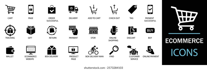 E-commerce icon set. Online shopping and delivery elements. E-business symbol. Solid icons vector collection.