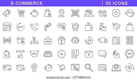 E-commerce icon set. Online shopping icons in line style. Editable web icons shop, cart, delivery, buy, product, wallet, barcode, price tag, sale etc. Vector illustration.