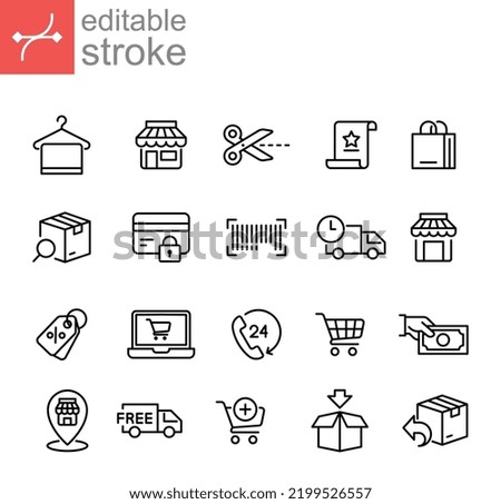 Ecommerce Icon Set. online shopping, Bag, Add cart trolley, fast shipping truck logistic Hanger towel Editable stroke Line icon outline style Vector illustration design on white background EPS 10